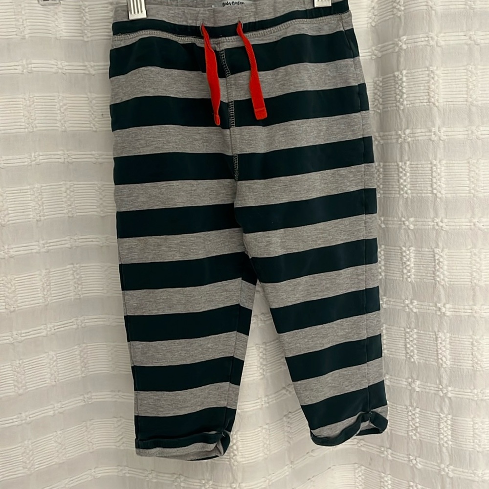 Baby Boden size 12-18 months green and grey striped pants with red drawstring